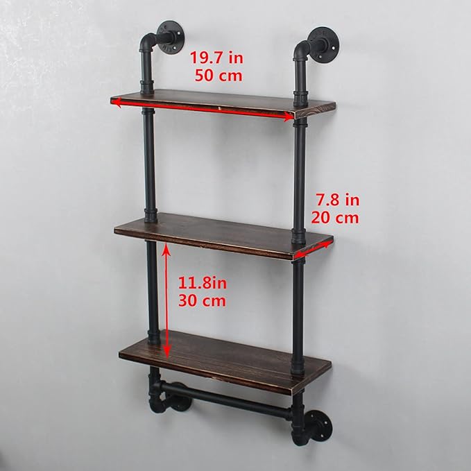 Industrial Pipe Shelf Bathroom Shelves Wall Mounted,19.6in Rustic Wood Shelf with Towel Bar,3 Tier Farmhouse Towel Rack Over Toilet,Pipe Shelving Floating Shelves Towel Holder,Retro Black