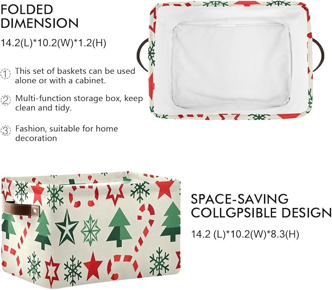 Christmas Storage Baskets, Canvas Fabric Bins with Holiday Pattern, Collapsible Organizer with Handles, 14.2x10.2x8.3 Inches