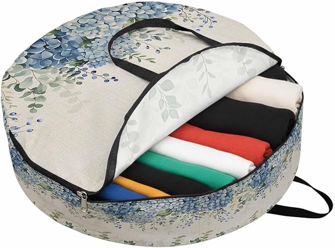 Storage Bag Blue Hydrangea Round Storage Totes Bins Closet Organizers with Zippers & Handle Green Eucalyptus Leaves Linen Clothes Storage Container for Bedroom Dorm Space Saving Packing Supplies Bags