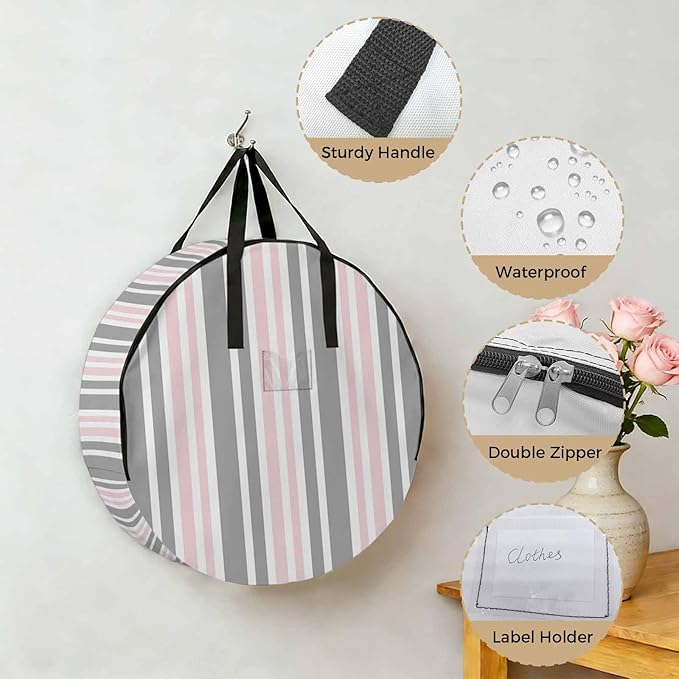 Storage Bag Pink Stripes Round Storage Totes Bins Closet Organizers with Zippers & Handle Grey Striped Lines Clothes Storage Container for Bedroom Dorm Space Saving Packing Supplies Moving Bags