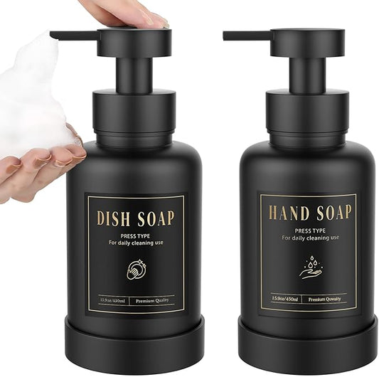 Luxspire Foaming Soap Dispenser, Glass Foam Pump Soap Dispenser, Non-Slip Hand Soap Bottle with 5 Waterproof Labels, 15 Oz Refillable Liquid Soap Bottle for Bathroom & Kitchen, Black, 2 Pack