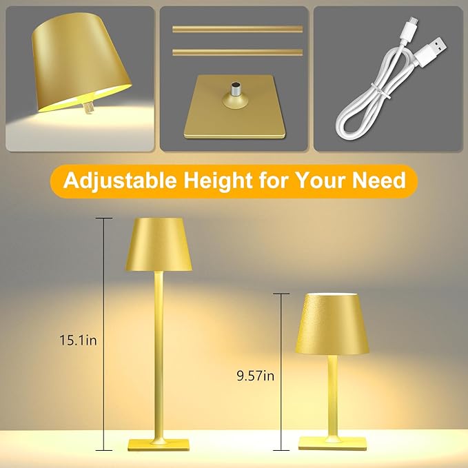 FenFud 2 Pack Gold Cordless Table Lamp - 6000mAh Battery Operated Touch Lamp with 3 Color Stepless Dimming, Waterproof & Wireless for Indoor & Outdoor Use, Perfect for Living Room Camping Café Patio