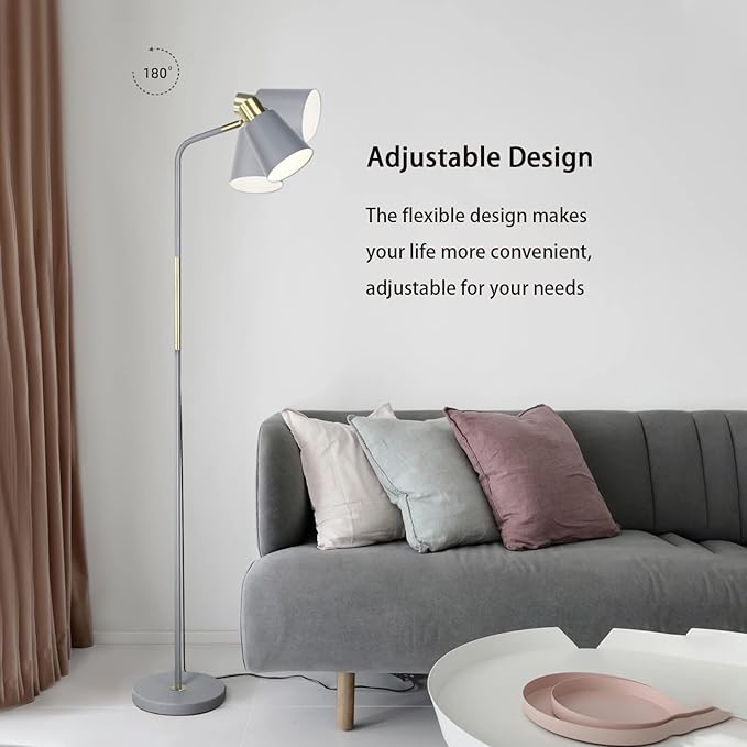 LALISU Floor Lamp, Industrial Floor Lamps for Living Rooms Rustic Farmhouse Reading Standing Floor Lamp Adjustable Metal Heads Indoor Task Lighting for Living Room Bedroom Office Home Décor (Grey)