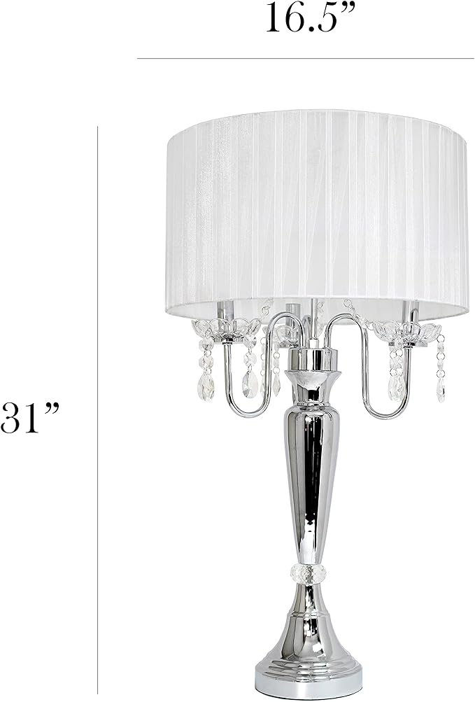 Elegant Designs LT1034-WHT Trendy Sheer Table Lamp with Hanging Crystals and Sheer Shade, White