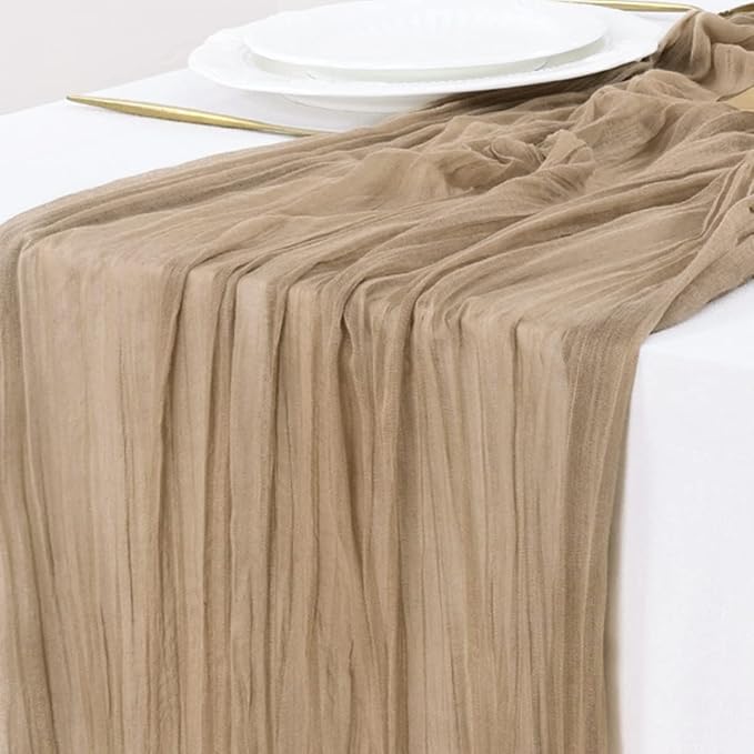 Socomi 3pcs Nude Brown Cheesecloth Table Runner Easter Spring Boho Rustic Gauze 120 inch 10FT Cheese Cloth Runner for Wedding Party Baby Shower Birthday Home Decor Holiday Decorations