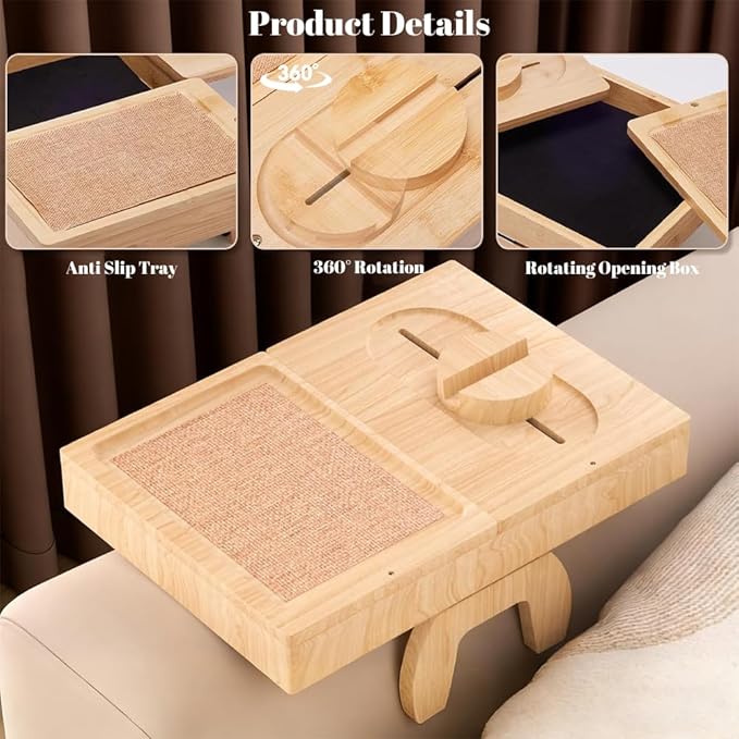 Wooden Couch Cup Holder Tray with 2 Rotatable Tray, Couch Arm Tray with 360° Rotating Phone Holder & Anti Slip Tray, Armrest Tray Table for Couch, for Snacks, Drinks, Remotes