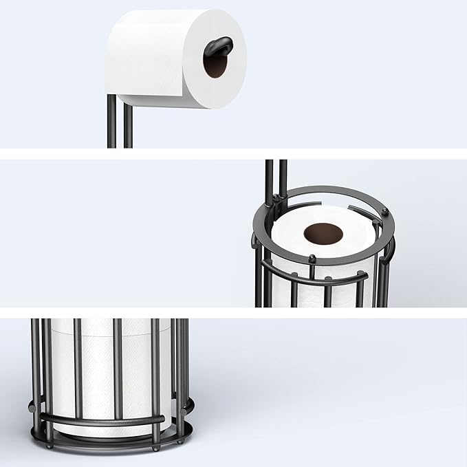 Meangood Toilet Paper Holder Stand and Tissue Paper Roll Dispenser for 4 Mega Rolls, Bathroom Free Standing Tissue Roll Storage Holder Rack,Detachable (Black)