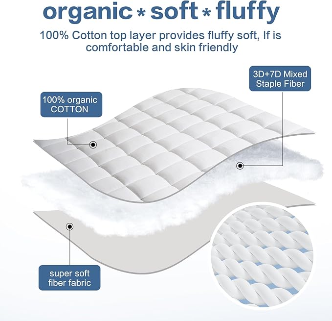 LEISURE TOWN Cotton Mattress Pad Queen Size Fitted Quilted Mattress Cover Pillow Top Mattress Topper Cooling Soft Breathable Mattress Protector with 8-21 Deep Pocket,Machine Washable (60x80 White)