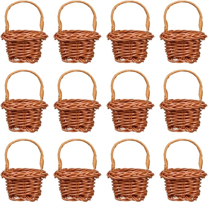 Cabilock 12pcs Mini Woven Basket with Handles Miniature Storage Basket Farmhouse Desktop Decorative Accessories for Wedding Party Favors Tree Hanging Ornaments Crafts, Chocolate