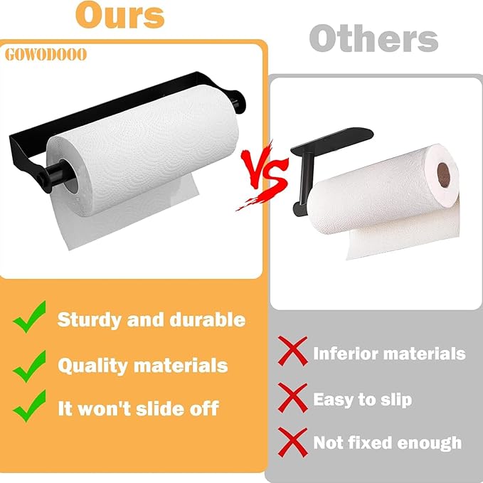 Paper Towel Holder Under Cabinet,Black Stainless Steel Under Counter Wall Mount,Paper Towel Holder,Waterproof and Rustproof Self-Adhesive Kitchen Roll Rack for Kitchen/Living Room/Bathroom