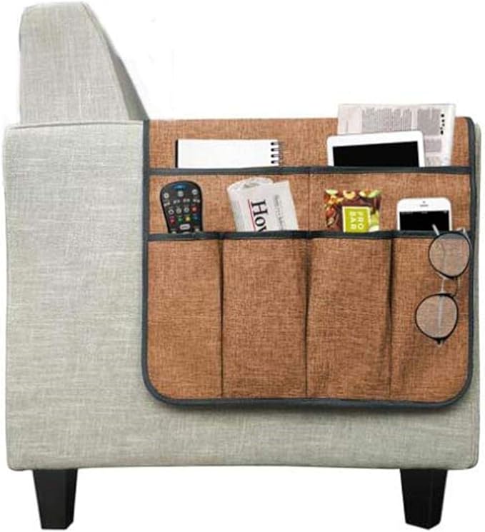 Cotton Linen Sofa Couch Remote Control Holder Chair Armrest Caddy Pocket Organizer Storage Bag for Cellphone Tablet Notepad Book Magazines DVD Eyewears Drinker Snacks Holder Pouch