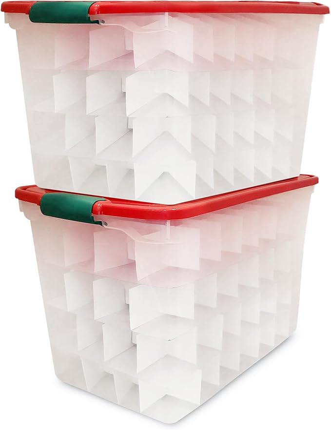 HOMZ 2-Pack Holiday Tote, Clear Plastic Storage Bins w/Lids & Dividers, 112 Quart, Red - Stackable Organizing Containers for Christmas Ornament Decorations, Gift Wraps, and Crafts
