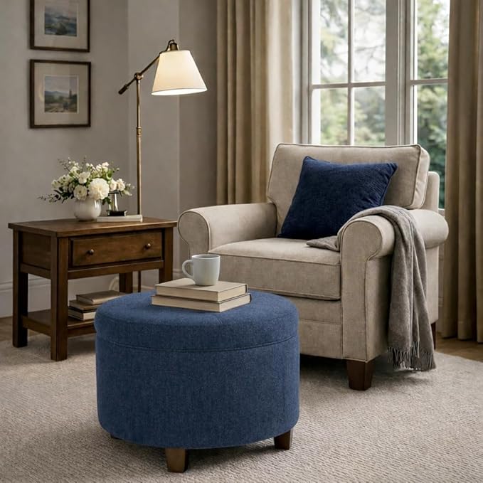 HomePop Large Round Storage Ottoman - Blue Woven Fabric