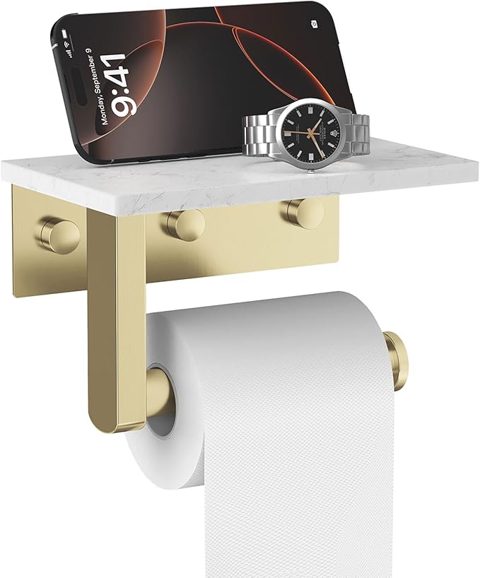 Brushed Gold Toilet Paper Holder with Marble Shelf, 304 Stainless Steel Tissue Hand Holder Wall Mounted Toilet Paper Roll Hold with Phone Shelf for Bathroom Kitchen Washroom Bedroom