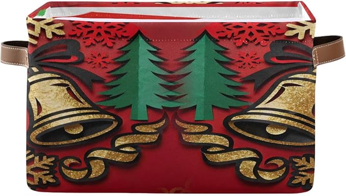 Christmas Storage Basket, Collapsible Canvas Organizer with Festive Bells Pattern, 14.2x10.2x8.3 Inches, Red Holiday Design with Leather Handles, for Bedroom Storage