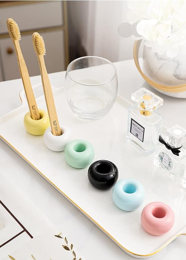 2 Pcs Mini Ceramics Toothbrush Holder,Individual Toothbrush Stand for Bathroom Vanity Countertops Dresser(Black)