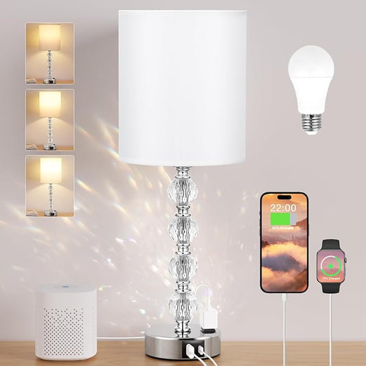 Acaxin Touch Bedside Crystal Lamps for Bedrooms Nightstand with USB C+A Charging Port and AC Outlet White, 3 Way Dimmable Silver Large End Side Table Lamp for Living/Guest/Dinning Room/Kitchen