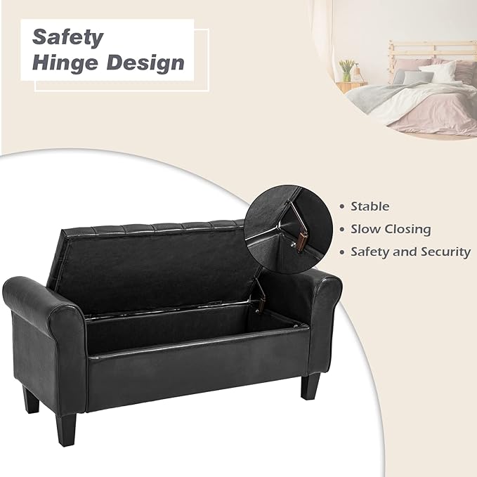ECOTOUGE Storage Bench for Bedroom, Rolled Arm Ottoman, Rectangular Leather Upholstered Footrest for Living Room, Black