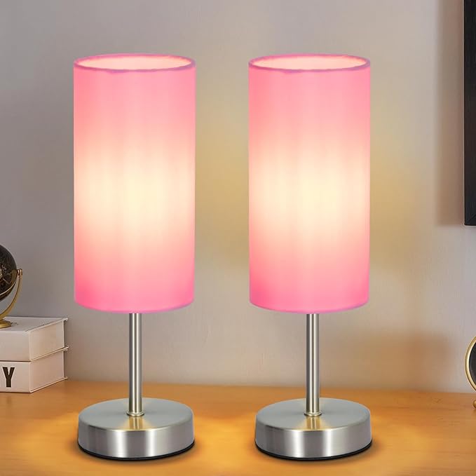 RISLG 2 Pack Small Table Lamps for Bedroom, Bedside Lamps for Nightstand with Wire Switch, Minimalist Modern Desk Lamps with Linen Fabric Shade for Kids Room Living Room Office Dorm, Bulb Included