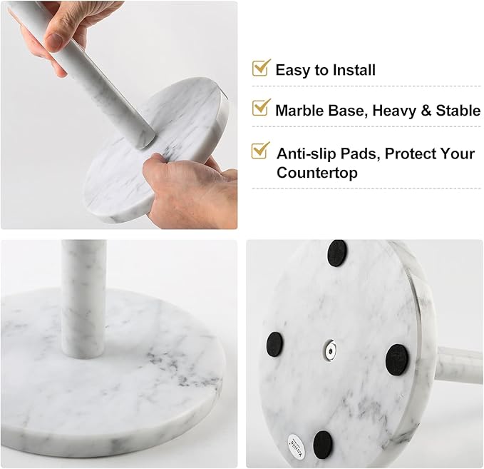 Koville Italian Marble Paper Towel Holder Countertop, Carrara Stone Paper Towel Holder Stand for Kitchen Storage, for Standard or Jumbo-Sized Rolls(Bianco Carrara)