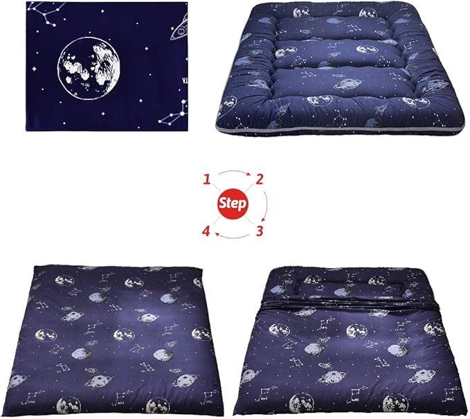 MAXYOYO Navy Space Adventure Japanese Floor Futon Mattress, Thicken Tatami Mat Sleeping Pad Foldable Roll Up Mattress Floor Lounger Couches and Sofas for Kids Full Size