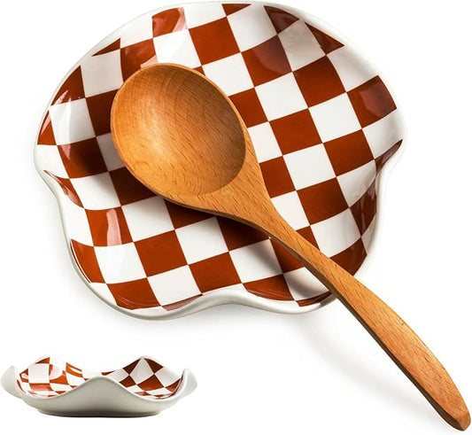 Miamolo Spoon Rest for Stove Top, Checkered Coffee Spoon Rest, Ceramic Spoon Holder for Kitchen Counter Cooking Utensil Rest - Heat Resistant & Dishwasher Safe, Modern Farmhouse Kitchen DéCor