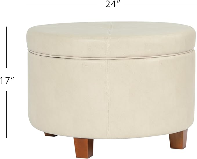 HomePop Round Leatherette Storage Ottoman with Lid, Ivory Large