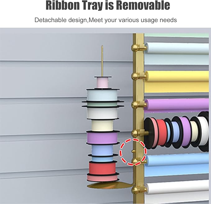 Flower Shop Ribbons Rolls Storage Organizer, Wall Mount Metal Removable Crossbar Gift Wrapping Paper Rack for Cake Stores (Color : White, Size : 120cm/47.2in) (Gold 70cm/27.5in)