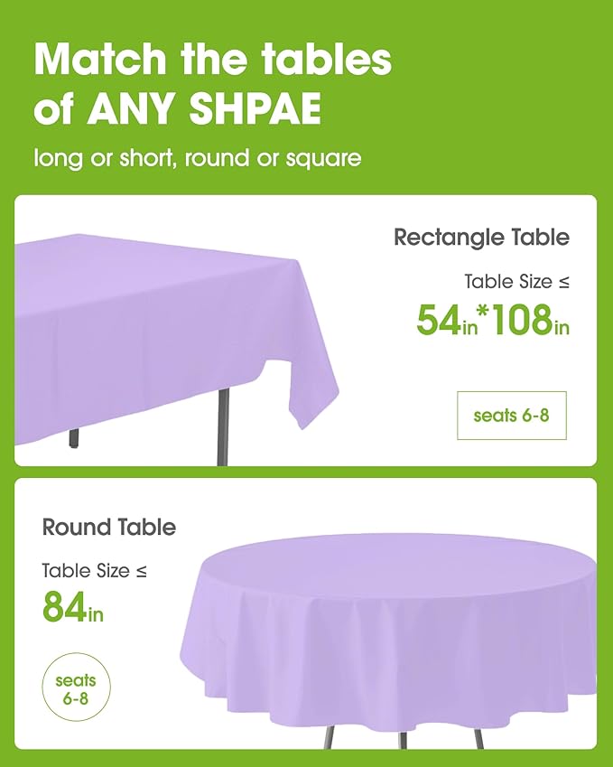 Pureegg Plastic Table Cloth Disposable 10 Pack, 84'' Round Table Cloths, Easter Party, Decorative Tablecloths, Round, Light Purple, Pastel, Plastic Cover, Leakproof & Sturdy, Lilac, Lavender