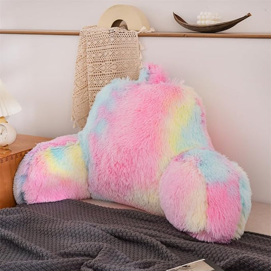 Aimuan Reading Pillow Bed Rest Pillow with Arms Rabbit Fur Cushion for Adults Teens Incline Rest Sitting up & Sleeping Snoring Pillow with Pregnancy Lumbar Back Support (Standard, Light-Pink)