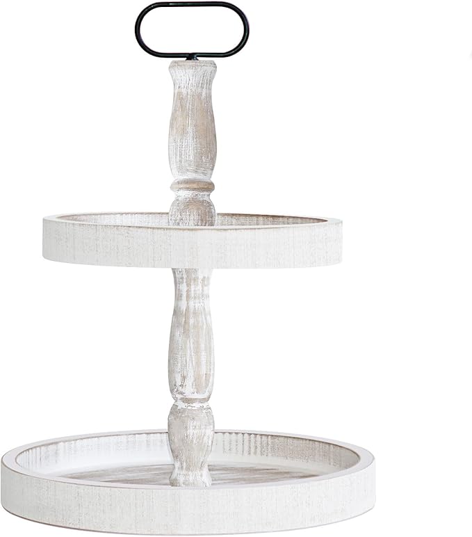 Decorative Tray - Two Tiered Tray Cupcake Stand Farmhouse Rustic 2 Tiered Serving Tray for Home and Kitchen Decor, Party, Weddings-Holiday Decoration Customizable Display Options(White)