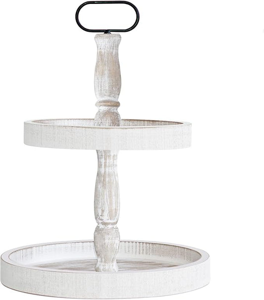 Decorative Tray - Two Tiered Tray Cupcake Stand Farmhouse Rustic 2 Tiered Serving Tray for Home and Kitchen Decor, Party, Weddings-Holiday Decoration Customizable Display Options(White)