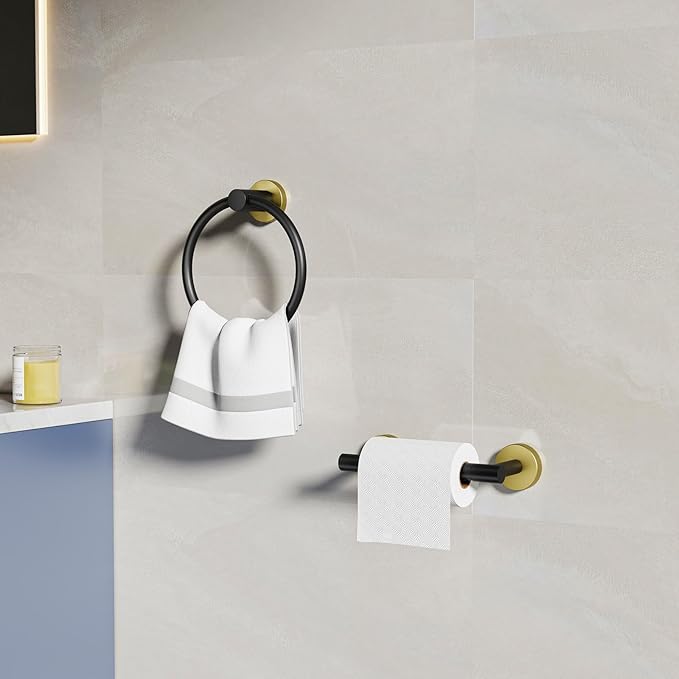 Black and Gold Toilet Paper Holder & Towel Holder, Bathroom Hardware Set-SUS304 Stainless Steel Double Post Pivoting Tissue Roll Holder and Hand Towel Ring Set for Bathroom, RV
