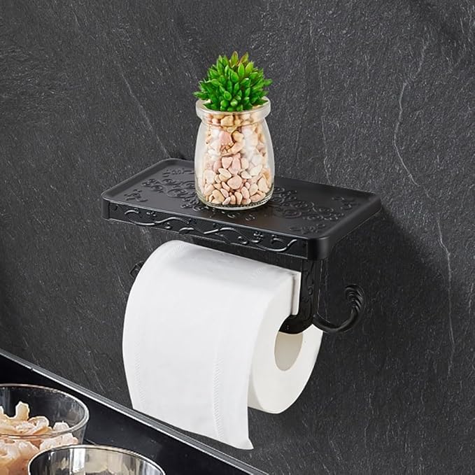 Vintage Toilet Paper Holder Wall Mount Toilet Roll Holder with Shelf and Hook Bronze Antique Bathroom Accessories Toilet Tissue Roll Holder Hanger Aluminum Material (Black)