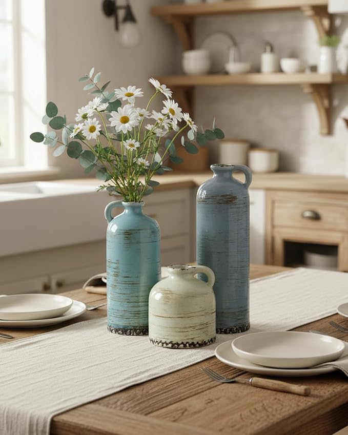 Morandi Ceramic Vase Set with Handle – 3pcs Rustic Pottery Jug Vases for Home Decor, Living Room, Table Centerpiece & Shelf Display – Glazed Vintage Ceramic Vases for Flowers