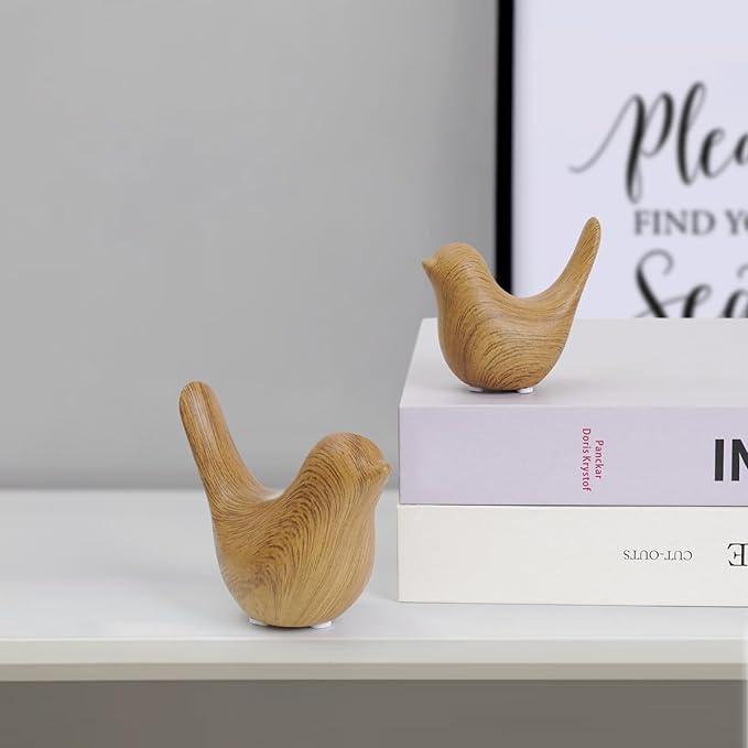 Elegant Wood Look Small Bird Sculptures,Modern Abstract Art Pieces for Bookshelf Decor, Coffee Table Decor, and Luxury Home Decor Accents(2Pcs Set)