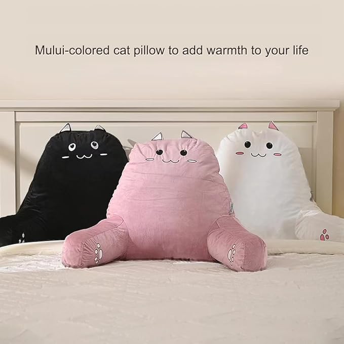 SUNSIDE Kitty Reading Pillow for Sitting in Bed, Shredded Memory Foam Cute Back Pillows for Adult and Children with Arms, Cat Design Bed Pillow, Back Support Pillow with Washable Cover