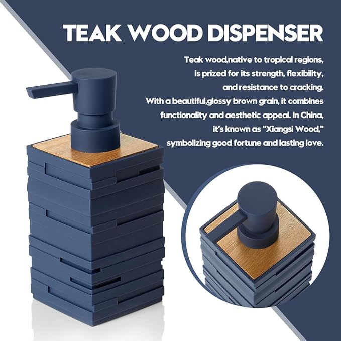 YAUKPH Matte Blue Teak Wood Hand Soap Dispenser 10 oz Square for Bathroom and Kitchen Countertops