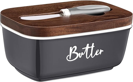 ALELION Ceramic Butter Dish with Lid and Knife for Countertop, Airtight Butter Keeper for Counter or Fridge, Butter Container with Thick Acacia Wood Lid, for Kitchen Decor and Accessories, Gray