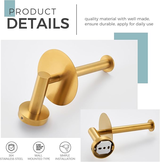 Vertical Tray Toilet Paper Holder, Aomasi 304 Stainless Steel Tissue Roll Hanger with Round Plate, Brushed Gold Bathroom Kitchen Paper Roll Dispenser Wall Mounted