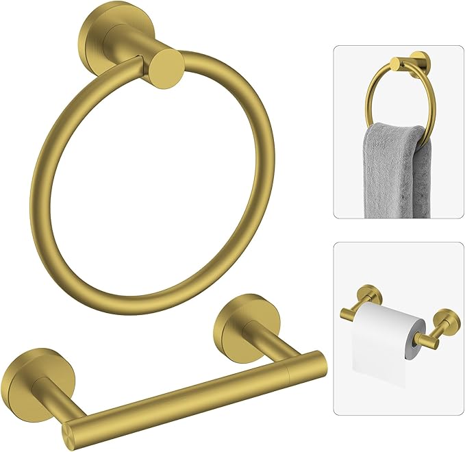 Brushed Gold Toilet Paper Holder & Towel Holder, Bathroom Hardware Set-SUS304 Stainless Steel Double Post Pivoting Tissue Roll Holder and Hand Towel Ring Set for Bathroom, RV