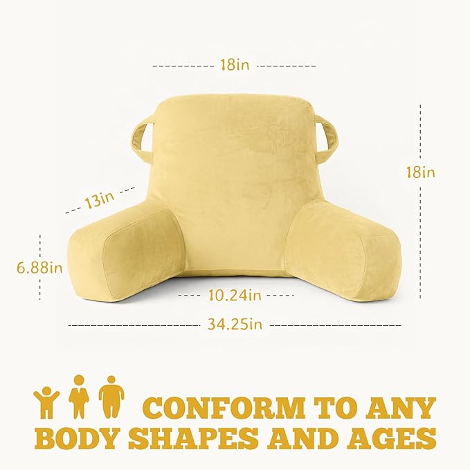Unisakey Portable Comfy Reading Pillows for Bed Sitting Up(Yellow Oeko-Tex), Velvet Back Pillow with Arms & Pockets for Adults, Support Memory Foam Bed Pillow for Dorm/Reading/Watching/Gaming