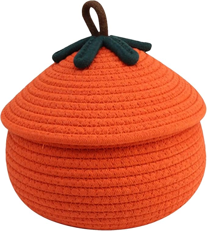 Pumpkin Basket with Lid, Halloween Woven Storage Basket Woven Storage Basket Halloween Pumpkin Design, Decorative Seasonal Rope for Keys, Books