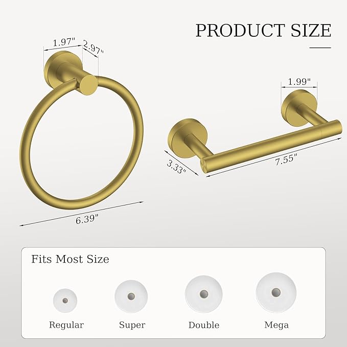 Brushed Gold Toilet Paper Holder & Towel Holder, Bathroom Hardware Set-SUS304 Stainless Steel Double Post Pivoting Tissue Roll Holder and Hand Towel Ring Set for Bathroom, RV