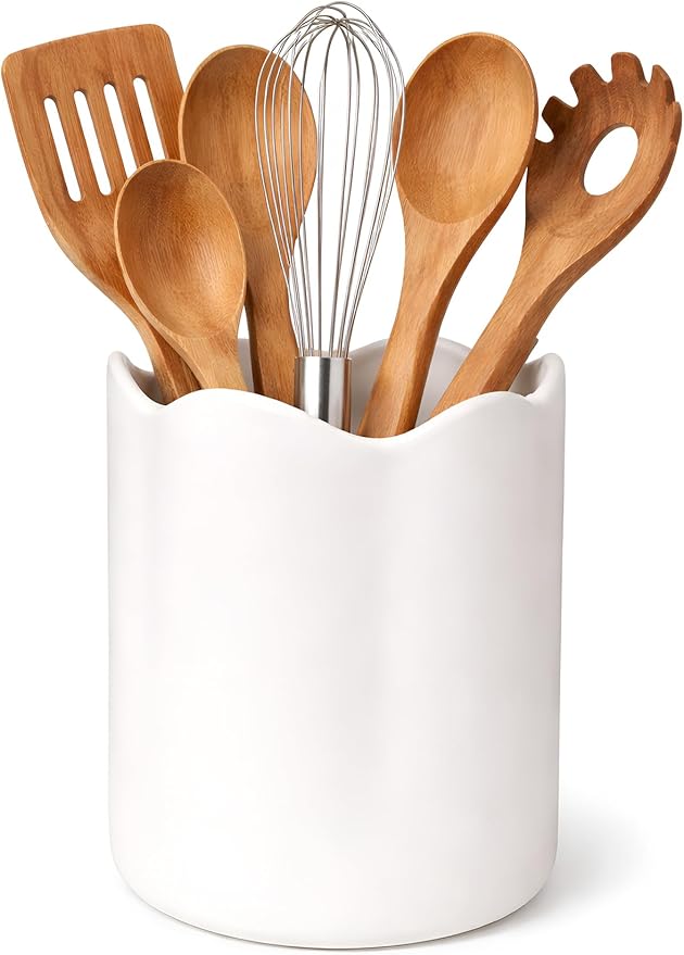 Ceramic Utensil Holder for Kitchen Counter, 7.1" Large Kitchen Utensil Holder for Countertop with Cork Bottom, Cooking Tool Organizer for Spatula, Matte White
