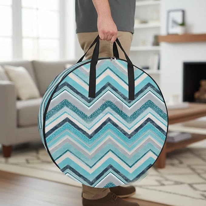 Storage Bag Aqua Turquoise Chevron Round Storage Totes Bins Closet Organizers with Zippers & Handle Geometric Design Stripe Clothes Storage Container for Bedroom Dorm Space Saving Packing Supplies