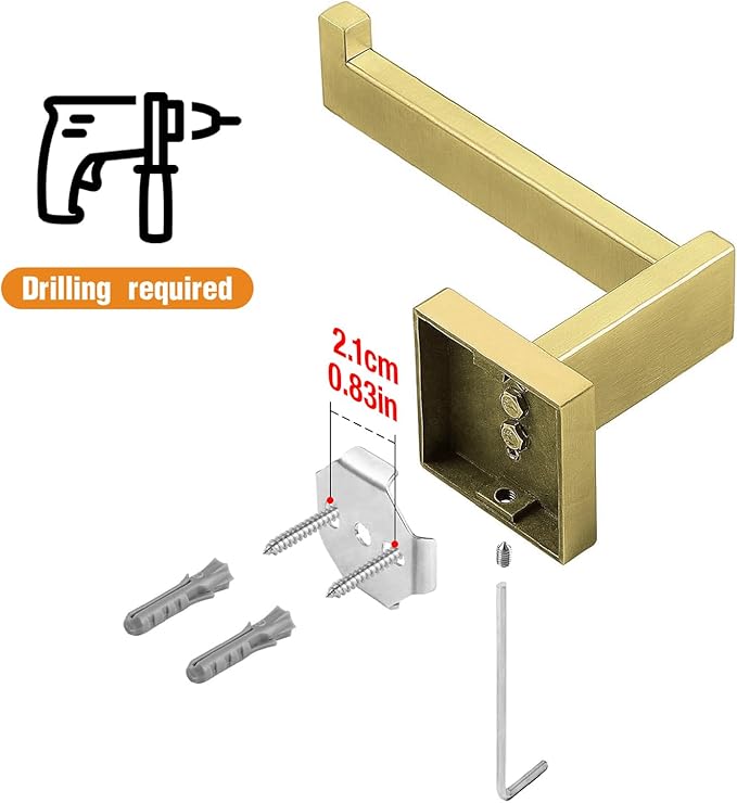 HITSLAM Brushed Gold Brass Toilet Paper Holder Wall Mount Premium 304 Stainless Steel Square Toilet Paper Roll Holder for Bathroom Rustproof