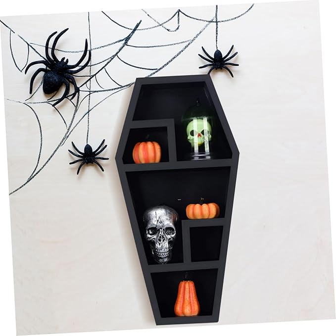 LIFKOME Halloween Coffin Storage Rack for Gothic Decor Unique Haunted House Prop Organizer for Candles Books and Collectibles Lightweight and Design