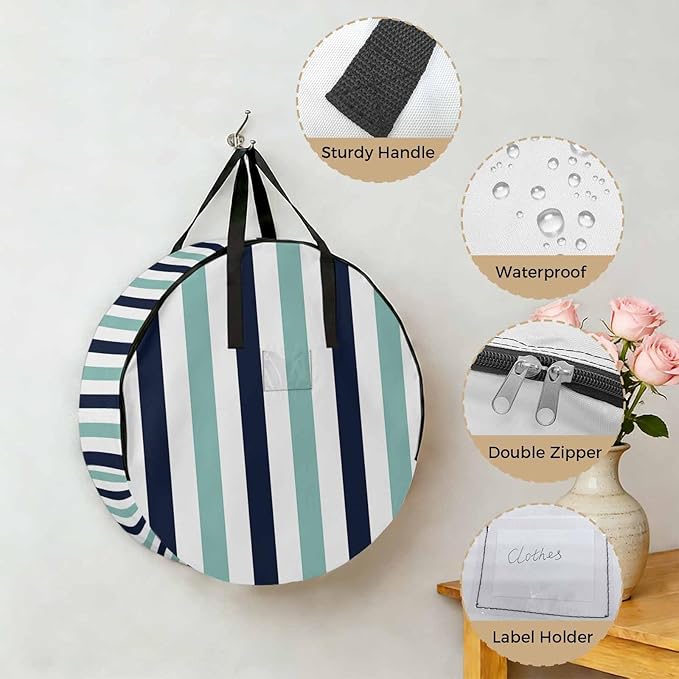 Storage Bag Navy Blue Teal Stripes Round Storage Totes Bins Closet Organizers with Zippers & Handle Contrast Striped Clothes Storage Container for Bedroom Dorm Space Saving Packing Supplies Bags