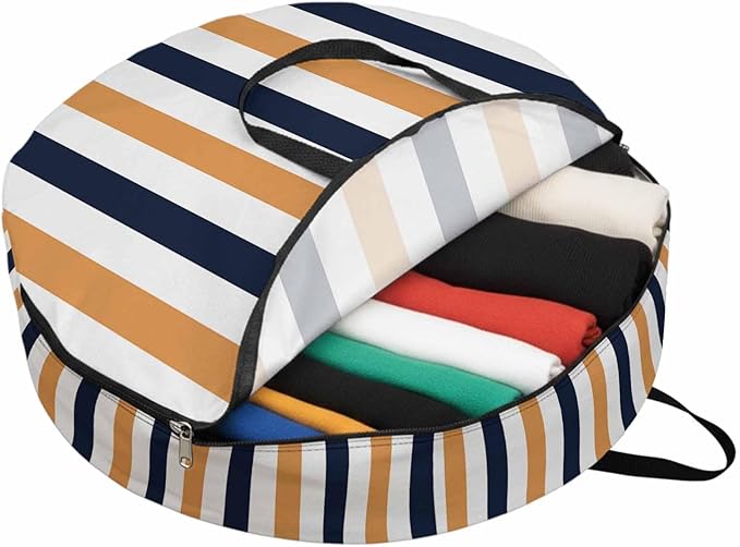 Storage Bag Navy Blue Stripes Round Storage Totes Bins Closet Organizers with Zippers & Handle Orange Contrast Striped Clothes Storage Container for Bedroom Dorm Space Saving Packing Supplies Bags